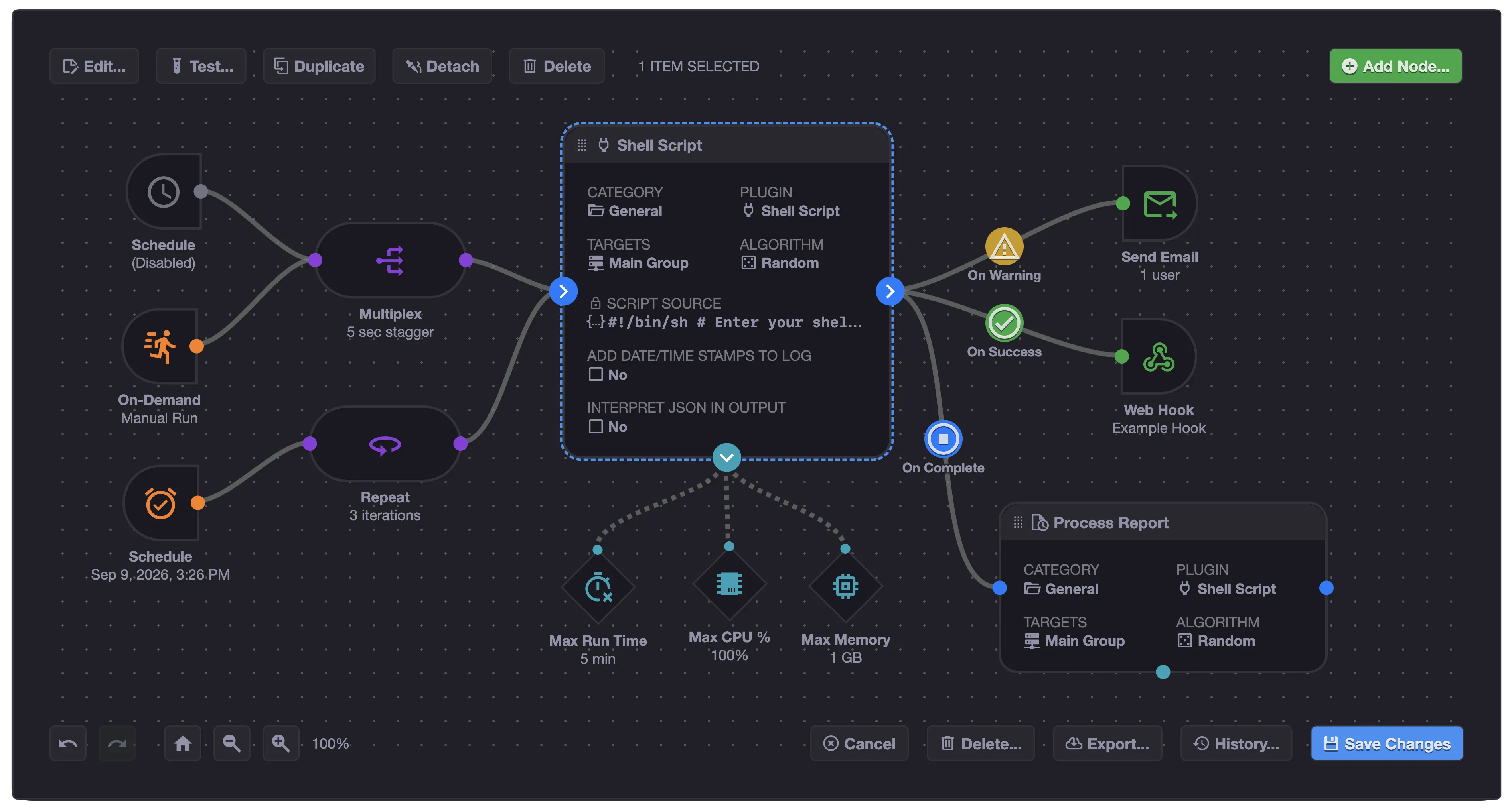 xyOps visual workflow editor with connected operational jobs