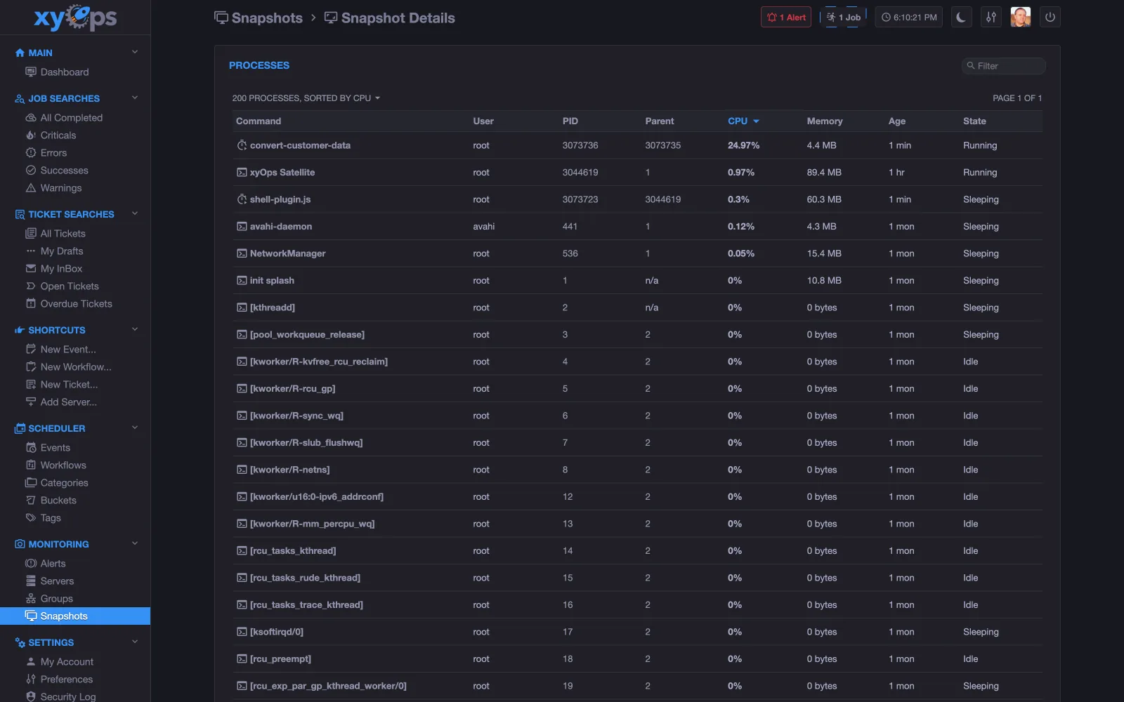 xyOps server snapshot showing running processes