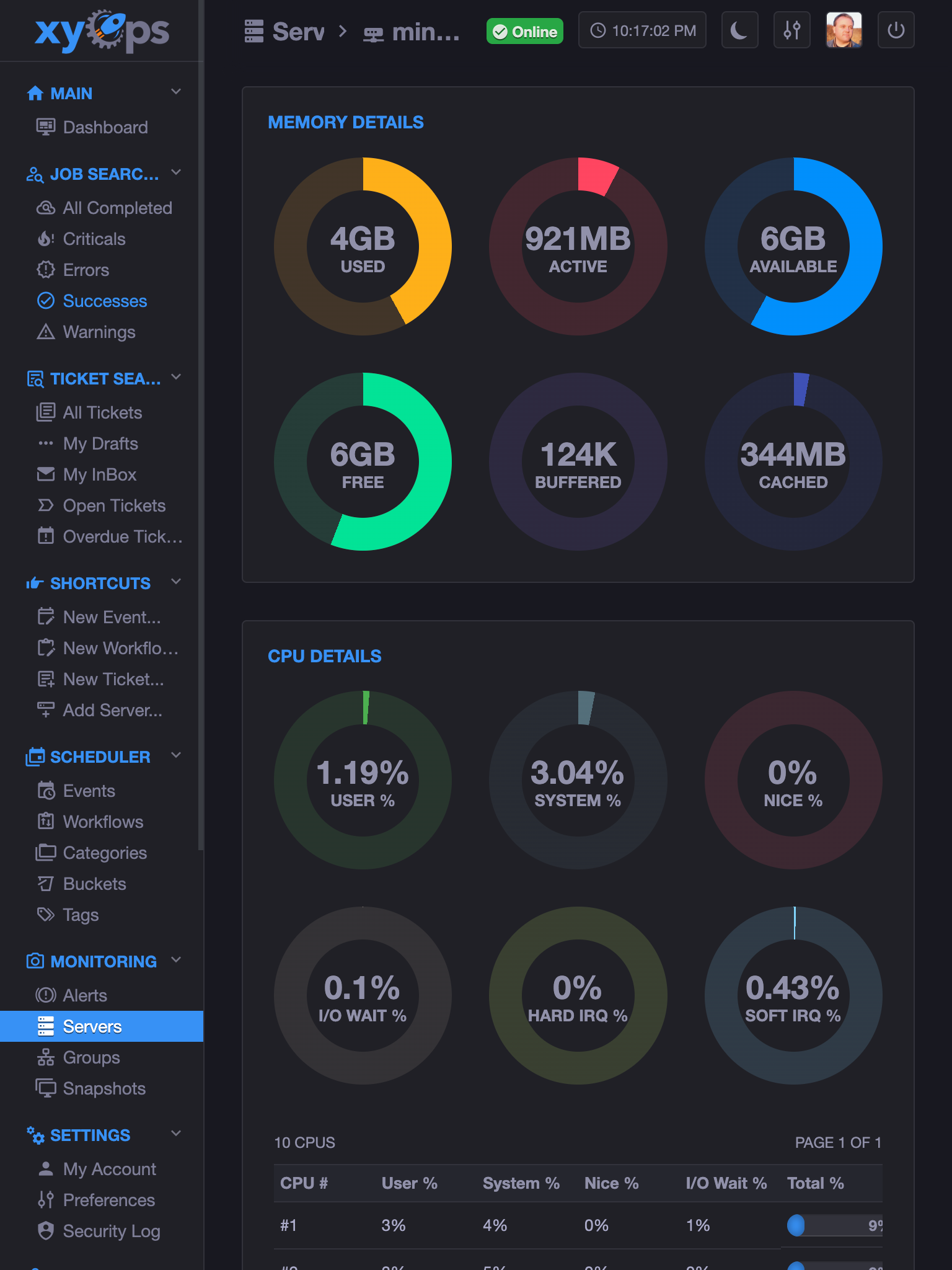xyOps server CPU and memory details on an iPad mini